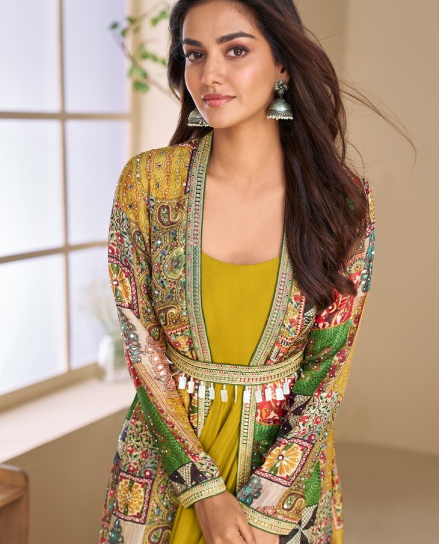 5825 - Designer Yellow Georgette Anarkali Gown with Multicolor Long Shrug